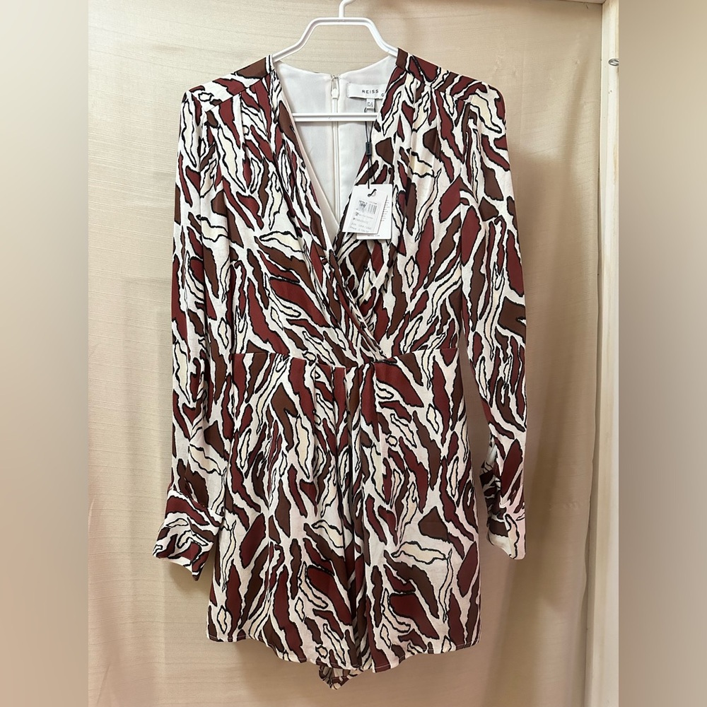 REISS NWT Abstract Print Romper Long Sleeve Lined Pockets Zip Back 0 Summer